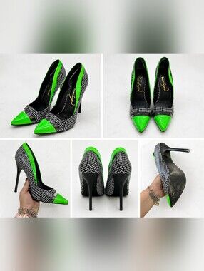 Privileged Neon Green and Black Grid Pointed-Toe Stiletto Heels